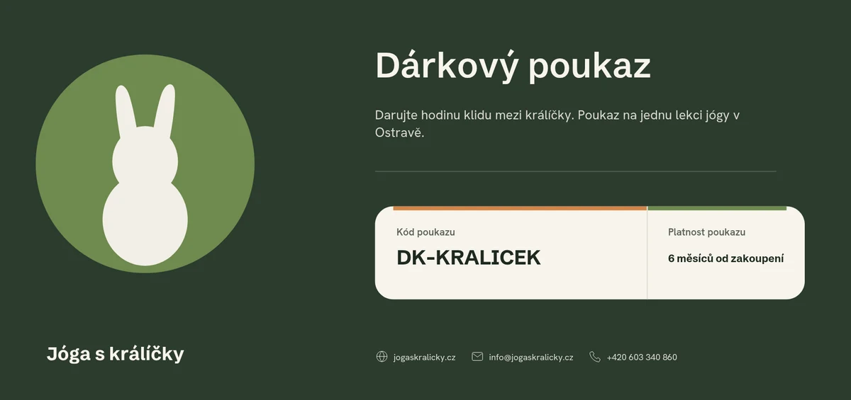 Ukázka dárkového poukazu Jóga s králíčky: kód poukazu a platnost 6 měsíců
